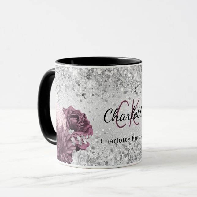 Silver burgundy florals elegant monogram name mug (Front Left)