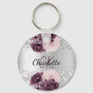 Silver burgundy florals elegant name key ring
