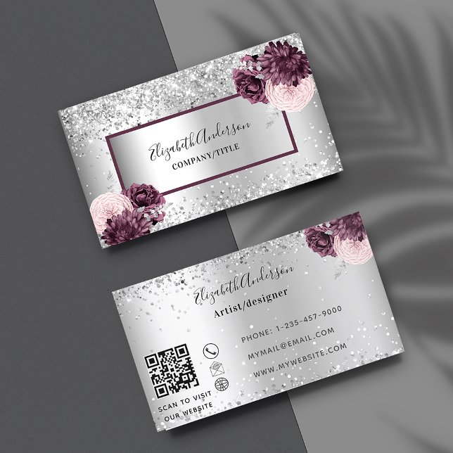 Silver burgundy florals elegant QR code Business Card (Creator Uploaded)