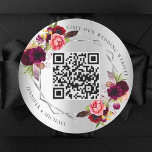 Silver burgundy florals geometric QR code wedding Classic Round Sticker<br><div class="desc">Decorated with watercolored roses in burgundy and pink.  A faux silver looking background. A geometric frame. Add your url for your wedding website.</div>