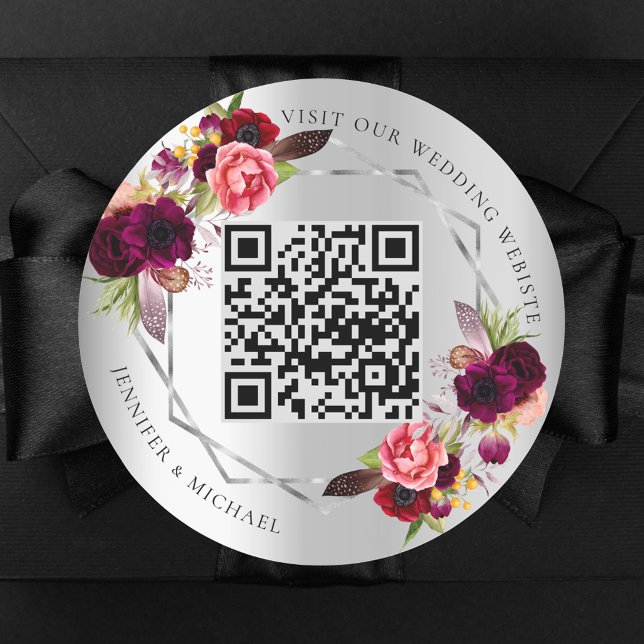 Silver burgundy florals geometric QR code wedding Classic Round Sticker (Creator Uploaded)