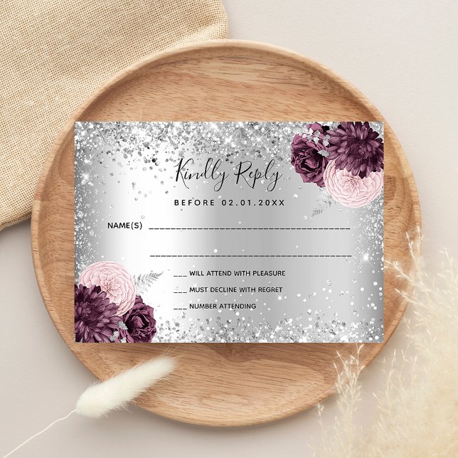 Silver burgundy florals glitter wedding RSVP Card (Creator Uploaded)