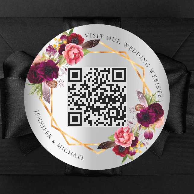 Silver burgundy florals gold geometric QR wedding Classic Round Sticker (Creator Uploaded)