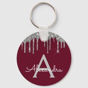 Silver Burgundy Girly Sparkly Glitter Monogram Key Ring