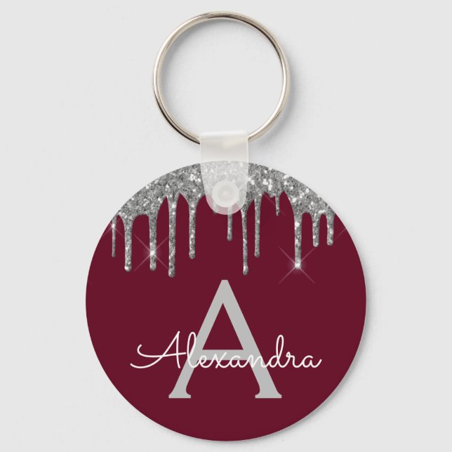 Silver Burgundy Girly Sparkly Glitter Monogram Key Ring (Front)