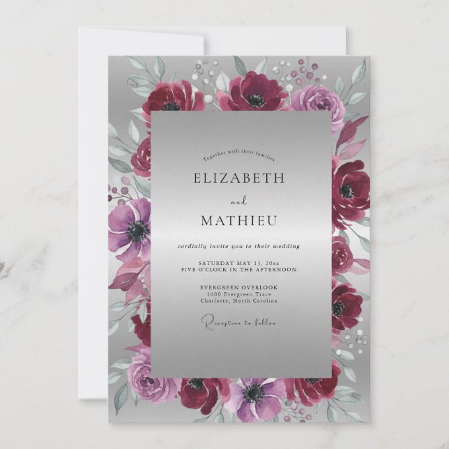 Silver Burgundy Leafy Wedding Invitation (Front)