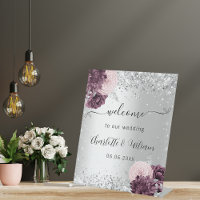 Silver burgundy pink flowers welcome wedding