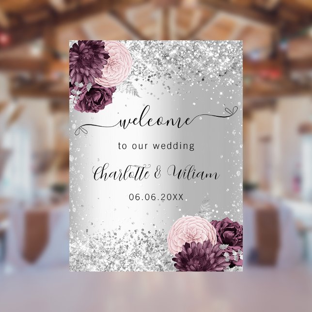 Silver burgundy pink flowers welcome wedding poster (Creator Uploaded)