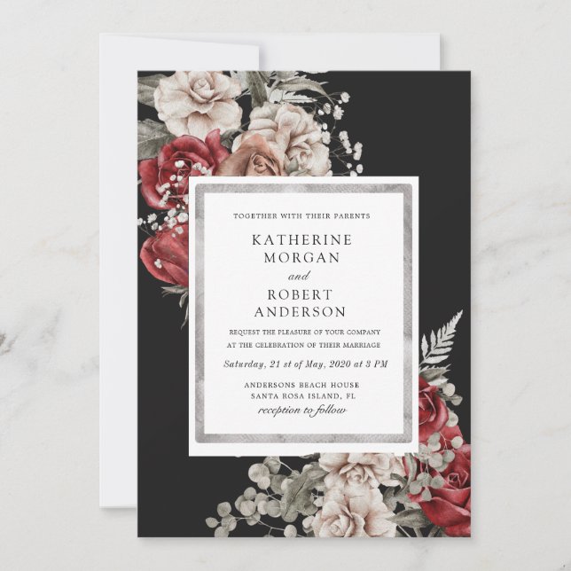 silver burgundy rustic floral Wedding Invitation (Front)