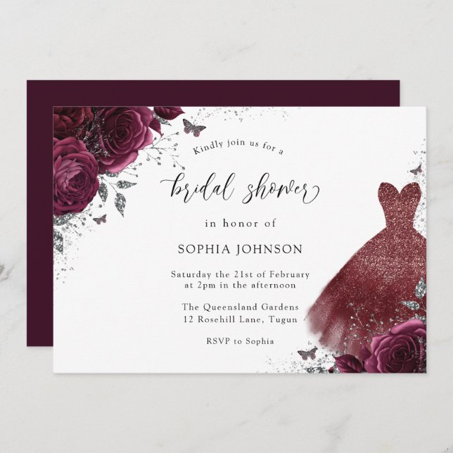 Silver Burgundy Sparkle Dress Rose Bridal Shower Invitation (Front/Back)