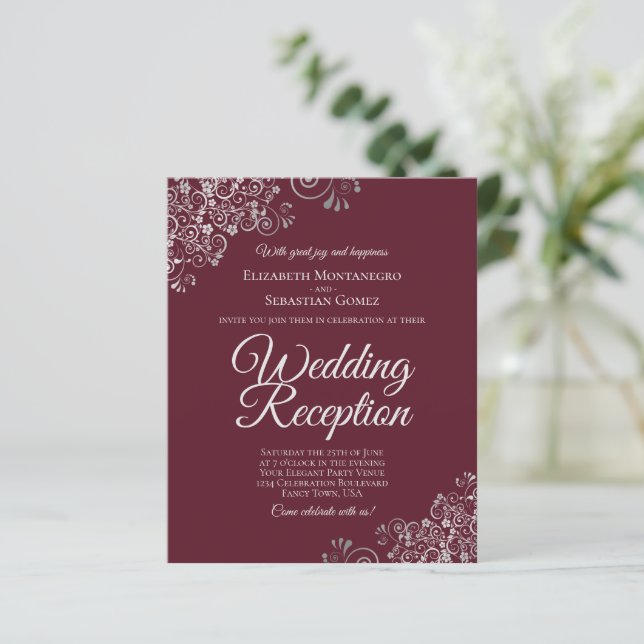 Silver & Burgundy Wedding Reception BUDGET Invite (Standing Front)
