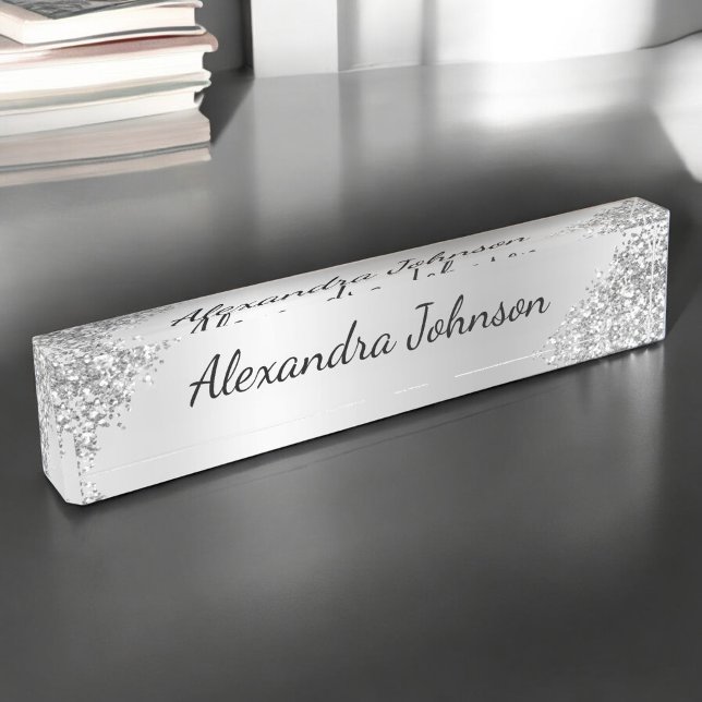 Silver Business Professional Sparkle Glitter Girly Nameplate (Creator Uploaded)
