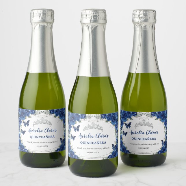 Silver Butterflies Royal Blue Floral Quinceañera Sparkling Wine Label (Bottles)