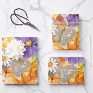 Silver Butterfly, Fall Flowers Wrapping Paper Sheet