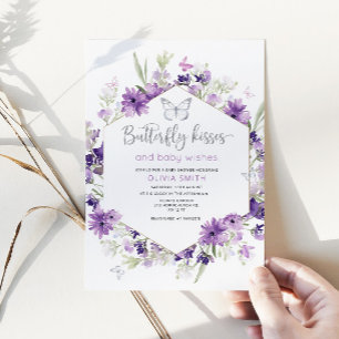 Silver Butterfly kisses baby shower invitation