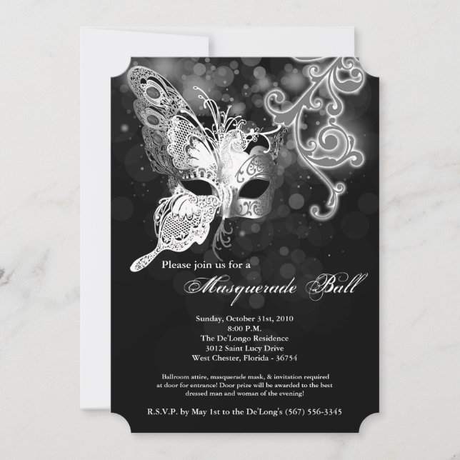 Silver Butterfly Masquerade Mask Costume Halloween Invitation (Front)