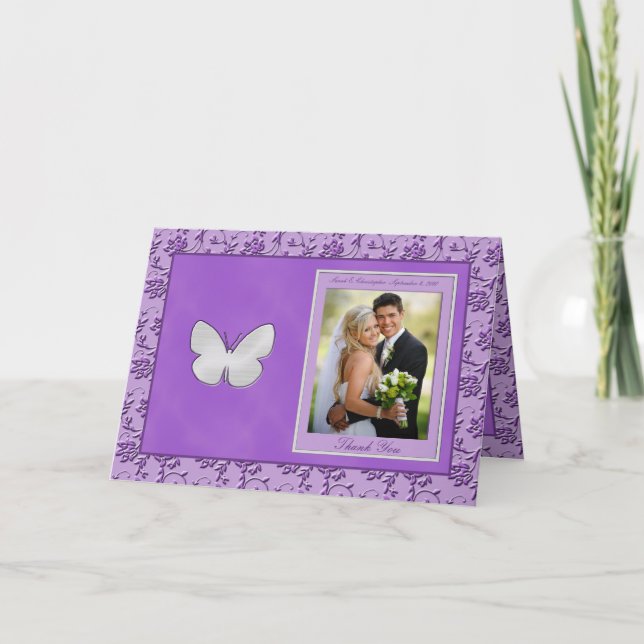 Silver Butterfly on Purple Photo Thank You Card (Front)