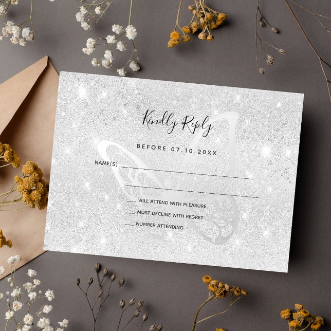 Silver butterfly sparkles wedding RSVP Card (Creator Uploaded)
