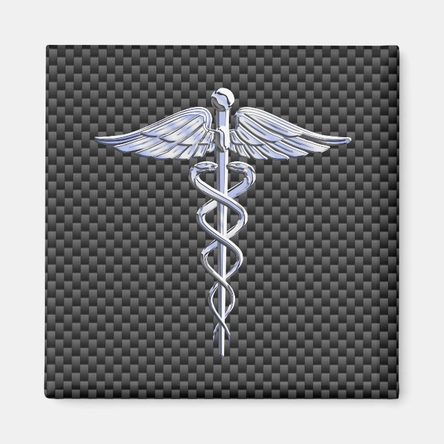 Silver Caduceus Medical Symbol Carbon Fiber Style Magnet (Front)