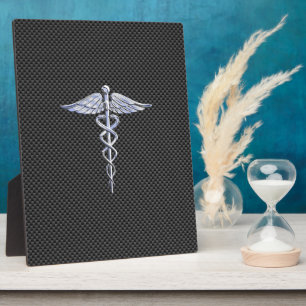 Silver Caduceus Medical Symbol Carbon Fiber Style Plaque