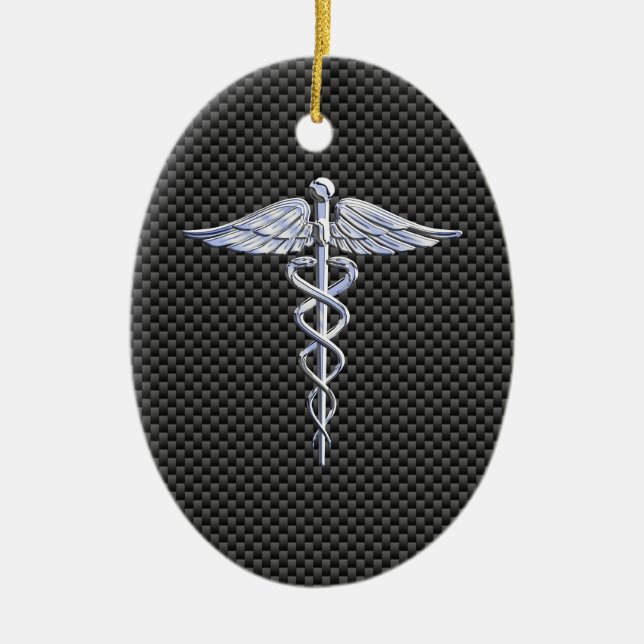 Silver Caduceus Medical Symbol Carbon Fibre Style Ceramic Tree Decoration (Front)