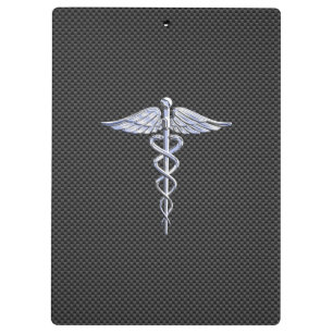 Silver Caduceus Medical Symbol Carbon Fibre Style Clipboard