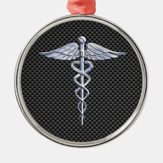 Silver Caduceus Medical Symbol Carbon Fibre Style Metal Tree Decoration (Front)