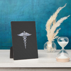 Silver Caduceus Medical Symbol Carbon Fibre Style Plaque