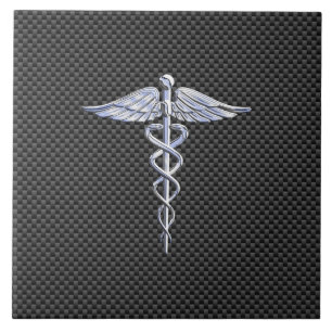 Silver Caduceus Medical Symbol Carbon Fibre Style Tile