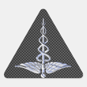 Silver Caduceus Medical Symbol Carbon Fibre Style Triangle Sticker