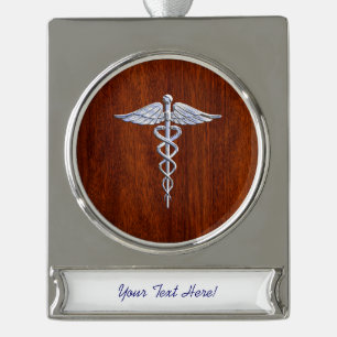 Silver Caduceus Medical Symbol Mahogany Decor Plated Banner Ornament