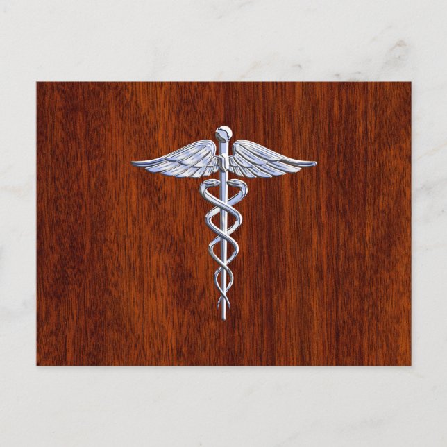 Silver Caduceus Medical Symbol Mahogany Decor Postcard (Front)