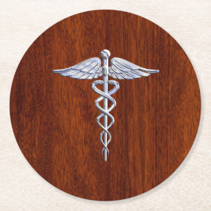 Silver Caduceus Medical Symbol Mahogany Decor Round Paper Coaster