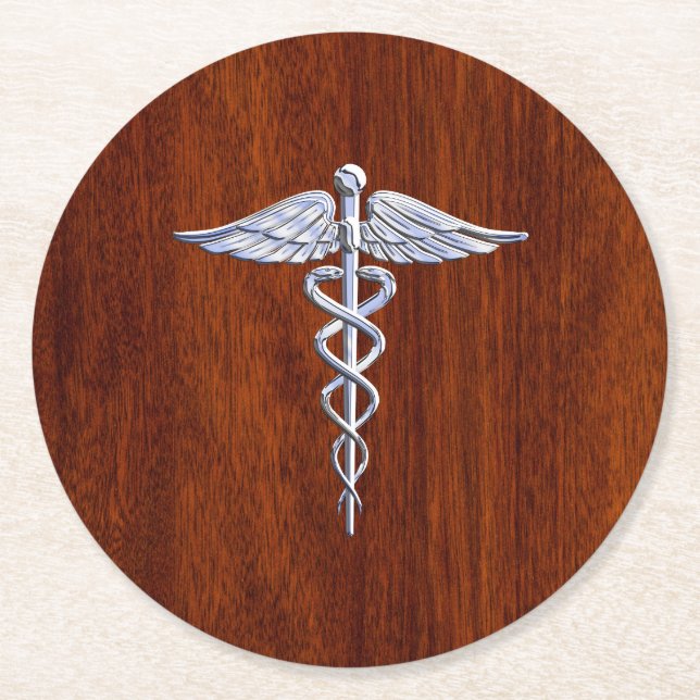 Silver Caduceus Medical Symbol Mahogany Decor Round Paper Coaster (Front)