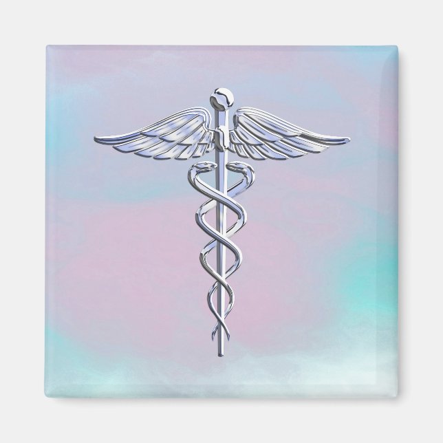 Silver Caduceus Medical Symbol Mother Pearl Decor Magnet (Front)