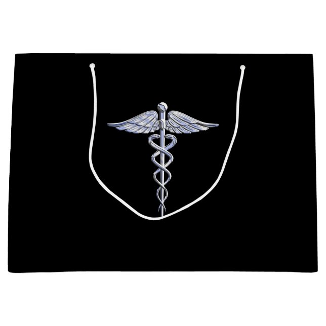 Silver Caduceus Medical Symbol on Black Large Gift Bag (Front)