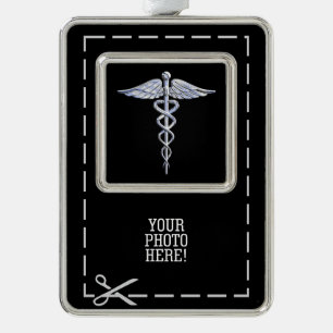 Silver Caduceus Medical Symbol on Black Plated Framed Ornament