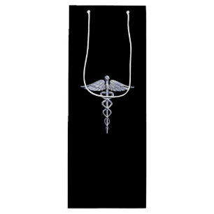 Silver Caduceus Medical Symbol on Black Wine Gift Bag