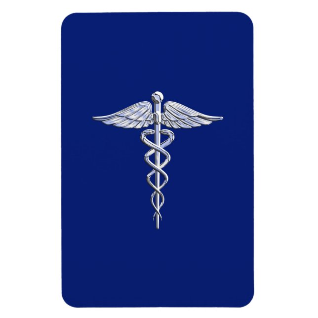 Silver Caduceus Medical Symbol on Navy Blue Decor Magnet (Vertical)