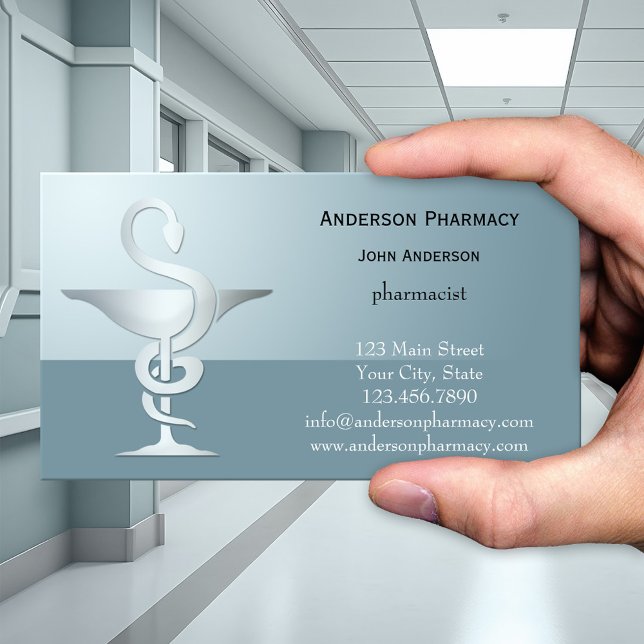 Silver Caduceus Pharmacy Business Card (Modern pharmaceutical themed business card in pale teal blue with a silver caduceus - pharmacy)