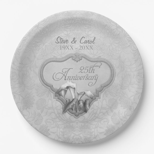 Silver Calla 25th Anniversary Paper Plates (Front)
