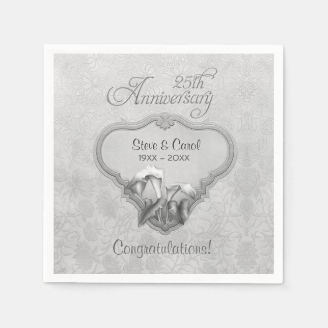 Silver Calla Lily 25th Anniversary  - Customise Napkin (Front)