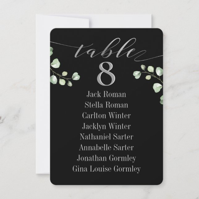 Silver Calligraphy Black Seating Chart Card (Front)