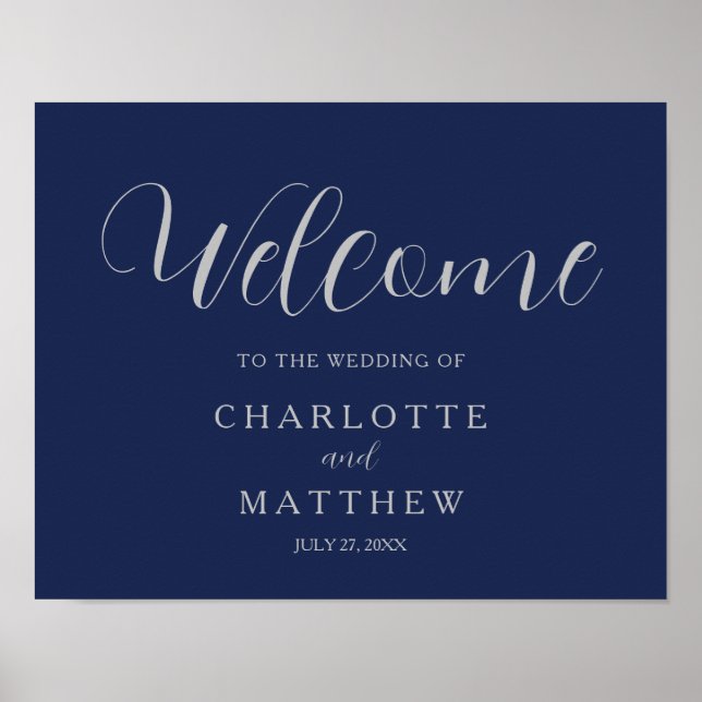 Silver Calligraphy Navy Blue Wedding Poster (Front)