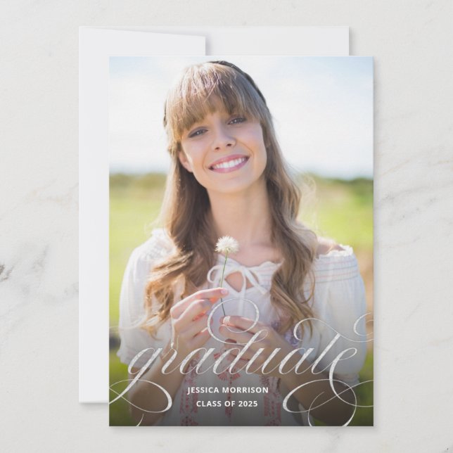 Silver Calligraphy Overlay Photo Graduation Party Invitation (Front)