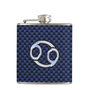 Silver Cancer Sign on Navy Blue Carbon Fibre Print Hip Flask