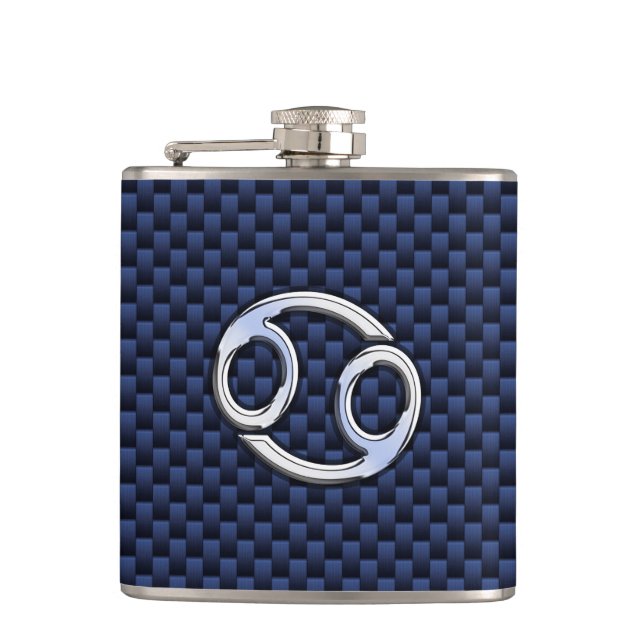 Silver Cancer Sign on Navy Blue Carbon Fibre Print Hip Flask (Front)