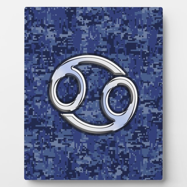 Silver Cancer Zodiac Sign Navy Blue Digital Camo Plaque (Front)