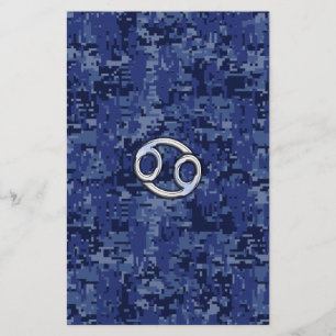 Silver Cancer Zodiac Sign Navy Blue Digital Camo Stationery