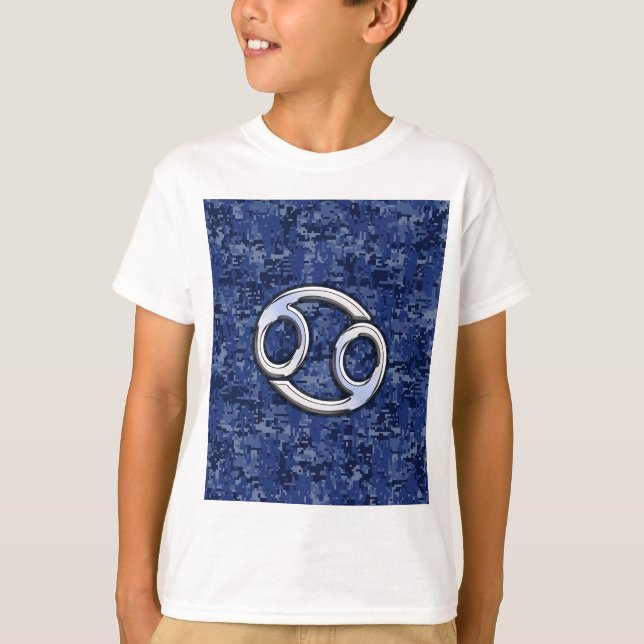 Silver Cancer Zodiac Sign Navy Blue Digital Camo T-Shirt (Front)
